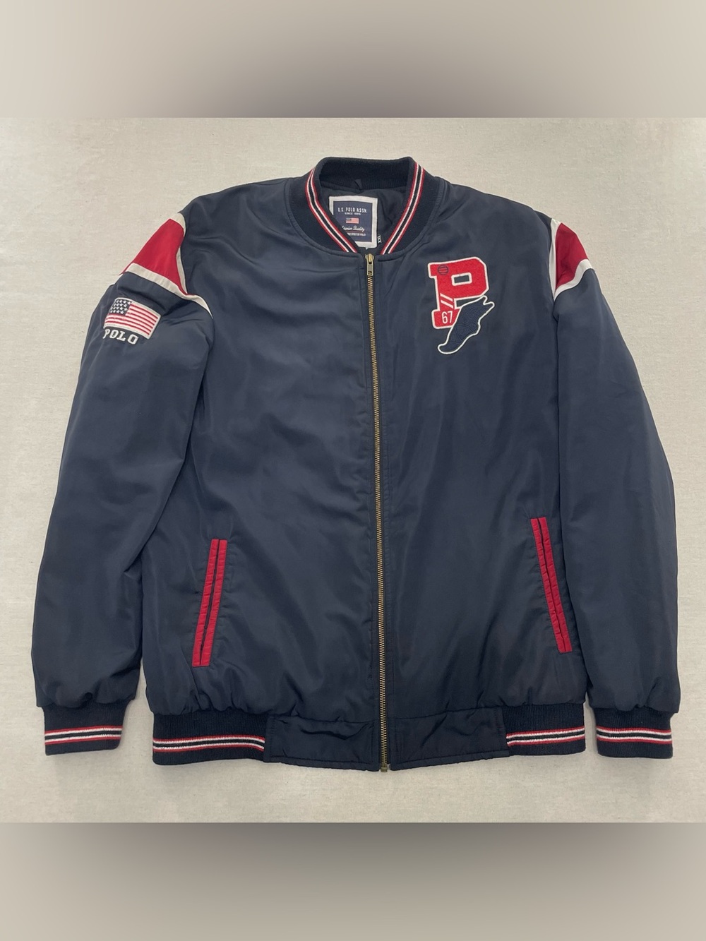 U.S. Polo Assn. Vintage Full Zip Pockets Bomber Jacket Men’s XXL Navy Red